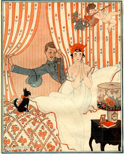 Den uplanlagte tilbagevenden... Eller vækkeuret - illustration fra la Vie Parisienne af Georges Barbier