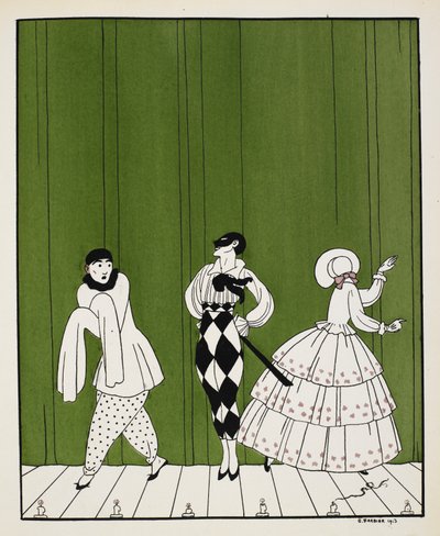 Tre karakterer fra 1910-balletten, Carnaval, komponeret af Robert Schumann. Til venstre ses en mimekunstner. I midten står en mand, klædt i en hvid skjorte med sort slips og ternede bukser, iført maske. Til højre er en dame, der vender bagud af Georges Barbier