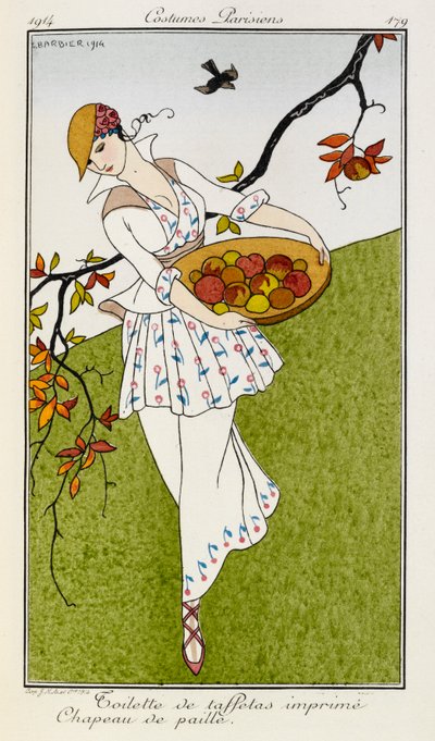 Toilette de taffetas imprime chapeau de paille. Kostumer Parisiens nr.179. En kvinde iført et silketrykt outfit og stråhat. Hun bærer en skål med frugt. af Georges Barbier