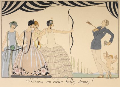 Visez au coeur, belles dames. Sigt efter hjertet damer. En kvinde skyder en mand i hjertet med en pil. af Georges Barbier