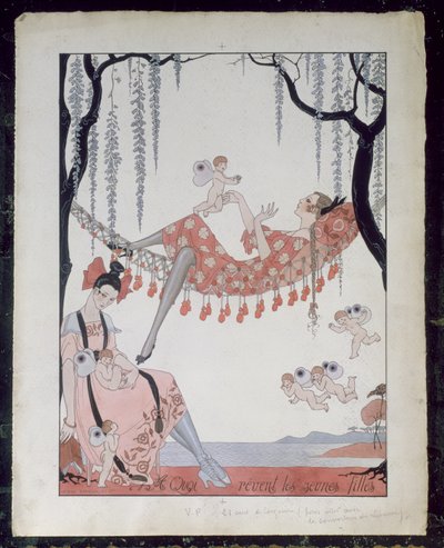 Hvad drømmer unge kvinder om? 1918 (pen, blæk og akvarel på papir) af Georges Barbier