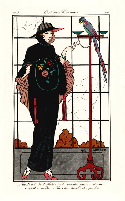Kvinde i en gammel taft-kappe med en papegøje af Georges Barbier