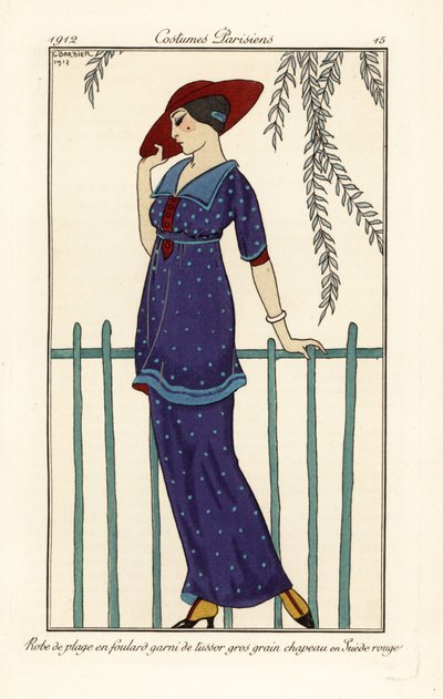 Kvinde i strandkjole af foulard dekoreret med store prikker, rød ruskindshat. Robe de plage en foulard garni de tussor gros grain, chapeau en ruskind rouge. Håndfarvet pochoir (stencil) radering efter en illustration af George Barbier fra Tommaso Antongini af Georges Barbier