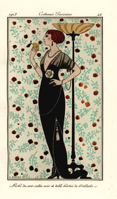 Kvinde i aftenkjole af sort satin og tyl, kantet med brillanter. Soir-kappe satin noir et tyl, bordee de brillants. Håndfarvet pochoir (stencil) radering efter en illustration af George Barbier fra Tommaso Antonginis Journal des Dames et des Mo af Georges Barbier