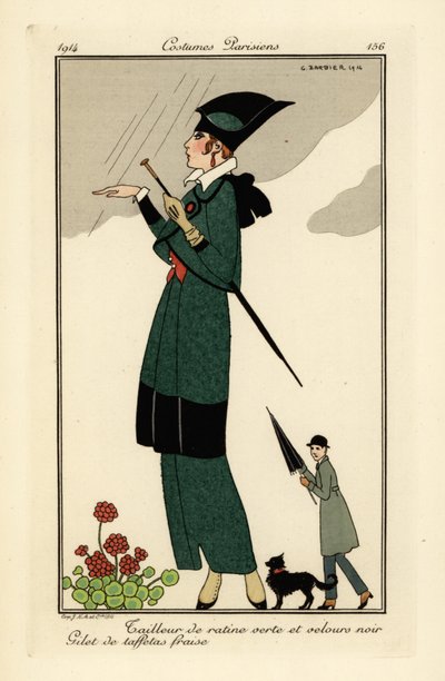 Kvinde i grøn ratine og sort fløjlsdragt. af Georges Barbier