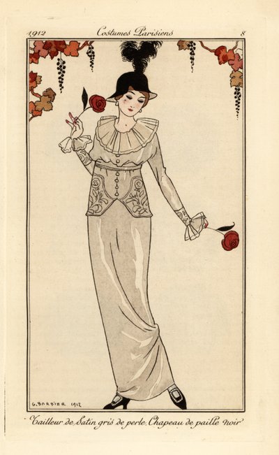 Kvinde i perlegråt jakkesæt og sort stråhat. Perlegrå satindragt, sort stråhat. Håndfarvet pochoir (stencil) radering efter en illustration af George Barbier fra Tommaso Antonginis Journal des Dames et des Modes, Aux Bureaux du Jo af Georges Barbier