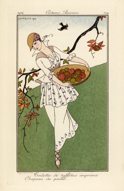 Kvinde i stråhat og kjole af printet taft. af Georges Barbier