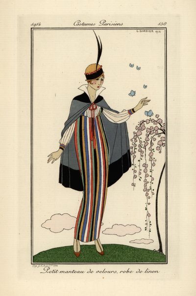 Kvinde i stribet hørkjole med kort fløjlsfrakke. af Georges Barbier