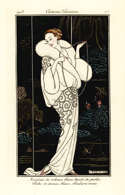 Kvinde i fløjlskape, damaskkjole og lyserøde hjemmesko. af Georges Barbier