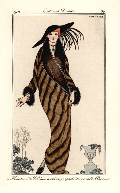 Kvinde i sobelfrakke med krave og manchetter i hvid rævepels. Sable frakke har hvid rævekrave og manchetter. Håndfarvet pochoir (stencil) radering efter en illustration af George Barbier fra Tommaso Antonginis Journal des Dames et des Modes, Au af Georges Barbier