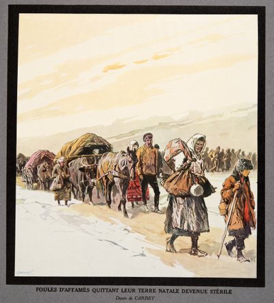 Udvandring af sultne mennesker fra deres hjemland, fra Histoire des Soviets, pub. 1922 (farvelitografi) af Georges Carrey