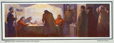 Inde i en bankboks under revolutionen, fra Histoire des Soviets, pub. 1922 (farvelitografi) af Georges Carrey