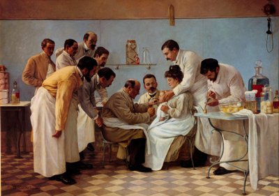 Medicin: "" Huset""" Indsættelse af et rør har et difterisk barn. Maleri af Georges Chicotot (aktivt mellem 1899 og 1907). 20. århundrede Søn. 1,3x1,8 m Musee de l