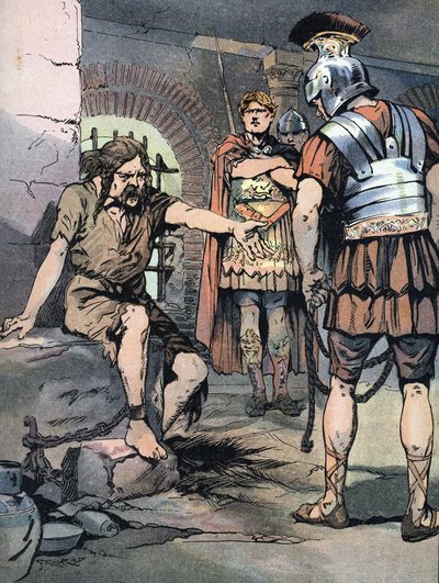 Gallien-krigen: "" Den galliske kriger Vercingetorix fange i Jules Cesars romerske våben i fængslerne i Tullianum, 46 f.Kr." (Galliske krige: Vercingetorix-fange i Mamertine-fængslet i Rom efter hans nederlag mod Julius Cæsar, 46 f.Kr.) Illustration af af Georges Conrad