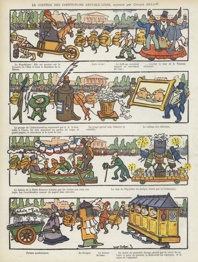 Procession af republikanske institutioner. Illustration til Le Rire af Georges Delaw