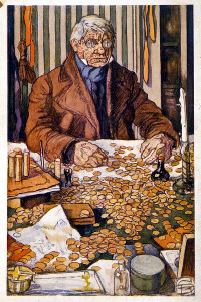 Le pere Grandet tæller sine penge - Illustration i "Eugenie Grandet" af Honore de Balzac, saml. Ideelt bibliotek af Georges Dupuis