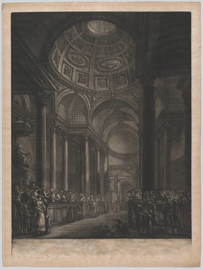 En udsigt over det indre af St. Stephens Walbrook, udført fra tegningen i hans Majestæts ..., ca. 1767. af Georges François Blondel