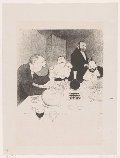 Mannen aan tafel under en diner Han er dekoreret og hans venner tilbyder ham en banket (original titel) Naturens store skuespil; livet af Mr. Any (original serietitel) af Georges Hermann Rene Paul