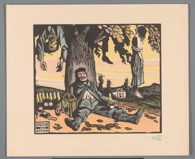 Soldat liggende mod et træ med hængte mennesker Kultur en automne (titel på objekt) af Georges Hermann Rene Paul