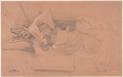 Sarah Bernhardt tilbagelænet på en divan, læser af Georges Jules Victor Clairin