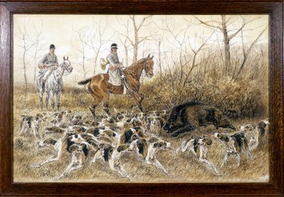 Flok hunde omkring et vildsvin på jagt - tegning af Georges La Roque, omkring 1900 af Georges La Roque