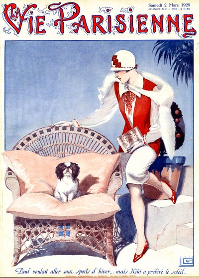 Paul ville gerne stå på ski ... men Kiki foretrækker solskin - illustration fra la Vie Parisienne af Georges Leonnec