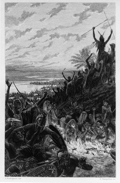 Illustration af Georges Antoine Rochegrosse (1859-1938) til romanen "Salammbo" af Gustave Flaubert, der tager udgangspunkt i lejesoldaternes krig på tidspunktet for den første puniske krig (246-241 f.Kr.) mellem romerne og karthagerne. af Georges Marie Rochegrosse