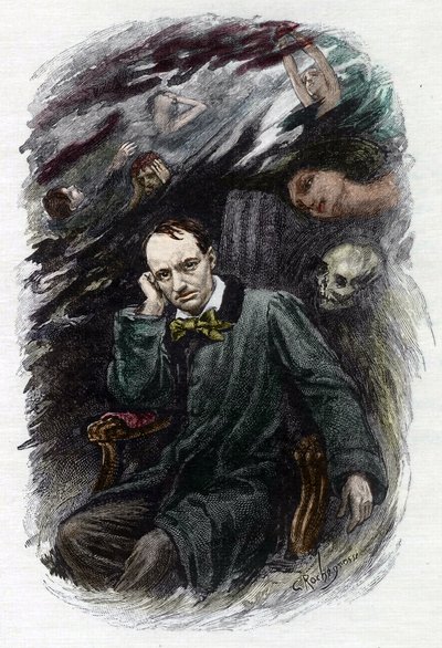 Portræt af den franske digter Charles Baudelaire (1827-1861) omgiver hans spøgelser (Repræsentation af den franske romantiske digter Charles Baudelaire omgivet af spøgelser, illustration til "" Ondskabens blomster") Illustration af Georges Antoine Rochegro af Georges Marie Rochegrosse