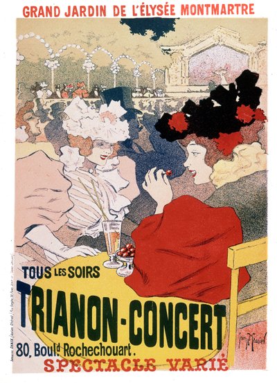 Plakat til shows ved Trianon-koncerten i haven til den parisiske kabaret Elysee Montmartre, ca. 1900 af Georges Meunier