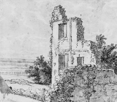 An Allee of Trees in a Park recto, The Ruins of a Building on a Hill verso, n.d.. af Georges Michel