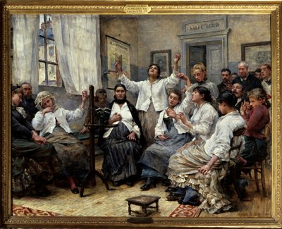 Velgørenhedens fasciner (doktor Luys tjeneste). Scene på Hôpital de la Charite i Paris: Patienter med hysteri og andre psykiske sygdomme bliver overvåget af læger bagerst i lokalet. På væggen en plakat om hypnosemetoder som behandling af Georges Moreau de Tours