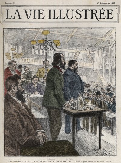 Generalkongres for socialistiske organisationer, afholdt i Paris i december 1899, på Gymnasium Japy - Jean Jaures (1859-1914) og Eugene Fournier (1857-1914) tegning af Georges Redon - la vie illustree de 1899 af Georges Redon