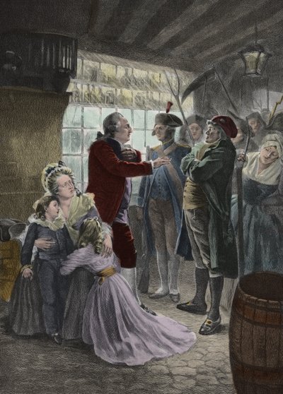 Den franske revolution: 21. juni 1791 Den kongelige familie (Louis XVI, konge af Frankrig, dronning Marie Antoinette og deres to børn, kongens madame Elisabeth, og børnenes guvernante) blev fanget i kroen i Varennes (Varennes-en-Argonne) under th af Georges Roussin