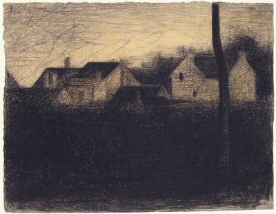 Landskab med huse, 1882-83 (conté farveblyant) af Georges Seurat