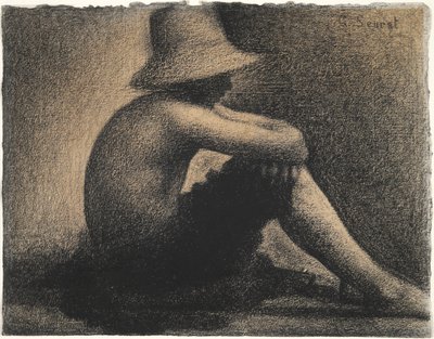 Siddende dreng med stråhat, studie for badegæster i Asnieres af Georges Seurat
