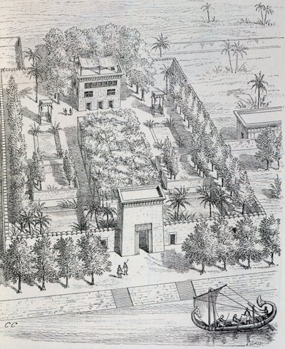 Udsigt over egyptisk villa langs Nilen, rekonstruktion af Chipiez, fra kunsthistorie i antikken (Egypten, Assyrien, Persien, Lilleasien, Grækenland, Etrurien, Rom) af Georges and Chipiez Charles Perrot