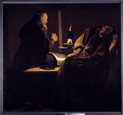 Ekstasen af Saint Francois også kaldet en munk i bøn nær en døende munk eller de to munke. Maleri (Vanite) af Georges de La Tour (1593-1652) af Georges de la (after) Tour