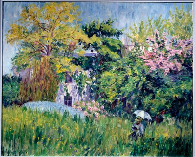 Bonnieres have En læser har under en paraply i højt græs. Maleri af Georgette Agutte (1867-1922) 1909-1910. Olie på lærred, 81 x 100 cm. Grenoble, musee des Beaux Arts - Haven ved Bonnieres. En læser under en paraply i det høje græs. Pa af Georgette Agutte