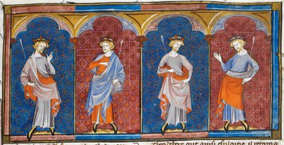 Clodomire, Childebert, Theodoric og Clothaire, fra Chroniques de France ou de St Denis, 14. århundrede (22093692824) af Georgia Levan Ramishvili from Tbilisi