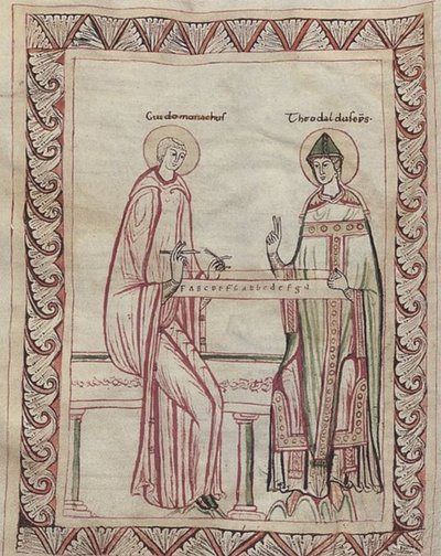 Guido af Arezzo og biskop Tedald arbejder på monokord, miniature fra det 11. århundrede (21954743795) af Georgia Levan Ramishvili from Tbilisi