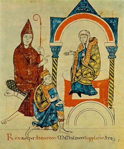 Kong - den hellige romerske kejser Henrik IV - beder til abbed - Hugh af Cluny - og bønfalder Matilda - af Canossa -, fra Vita Mathildis, ca. 1115 (34295963116) af Georgia Levan Ramishvili from Tbilisi