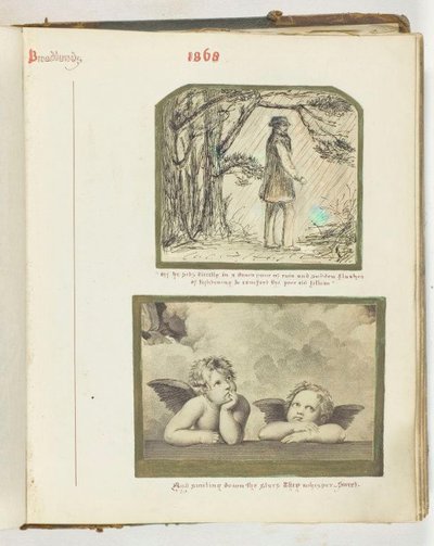 Uden titel [mand i regnen og to keruber], 1868. af Georgina Cowper