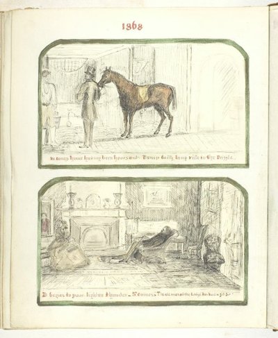 Uden titel [mand med hest og par slapper af ved bålet], 1868. af Georgina Cowper