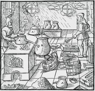 Kaiverrus De re metallicasta (Metallien luonnosta), Georg Pawer tai Georgius Agricola (1494-1555), julkaistu Baselissa af Georgius Agricola