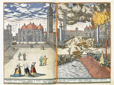 Piazza San Marco og The Conflagration of Palazzo Senatorii, ca. 1577-8 af Georgius Housnaglius