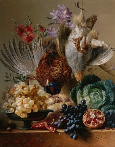 Død fasan, agerhøne, vindruer, kål, frugt og blomster på en afsats (olie på lærred) af Georgius Jacobus Johannes van (after) Os