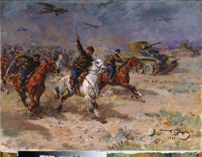Angreb (Den Røde Hærs tanks og kavaleri under oktoberrevolutionen) - Angreb - Maleri af George (Georgy, Georgi) Konstantinovich Savitsky (1887-1949), olie på lærred af Georgiy Konstantinovich Savitsky