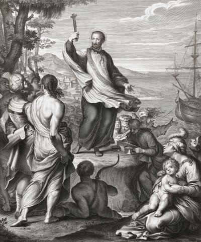 Sankt Frans Xavier prædiker. (Print) af Gerard (after) Edelinck