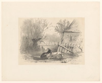 To geder og et får ved et hegn foran et hus af Gerard Bilders