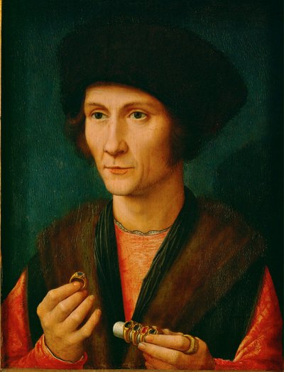 En guldsmed, måske Jacques Cnoop, svigerfar til Gerard David ... (olie på egetræ) af Gerard David